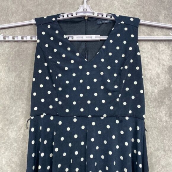 Tommy Hilfiger Dress Womens 11/19 Navy Polka Dots Stretch Retro Pleated V-Neck - Picture 3 of 14